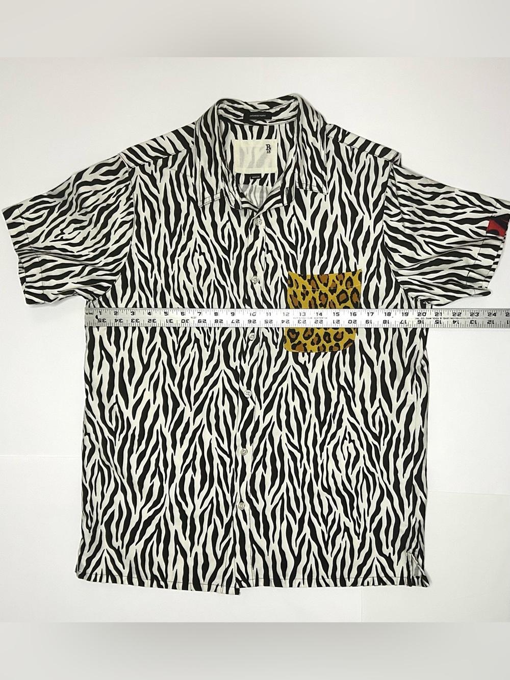 R13 Tony Shirt Black & White Zebra Button-Down with Yellow Leopard Chest Pocket - Picture 2 of 13